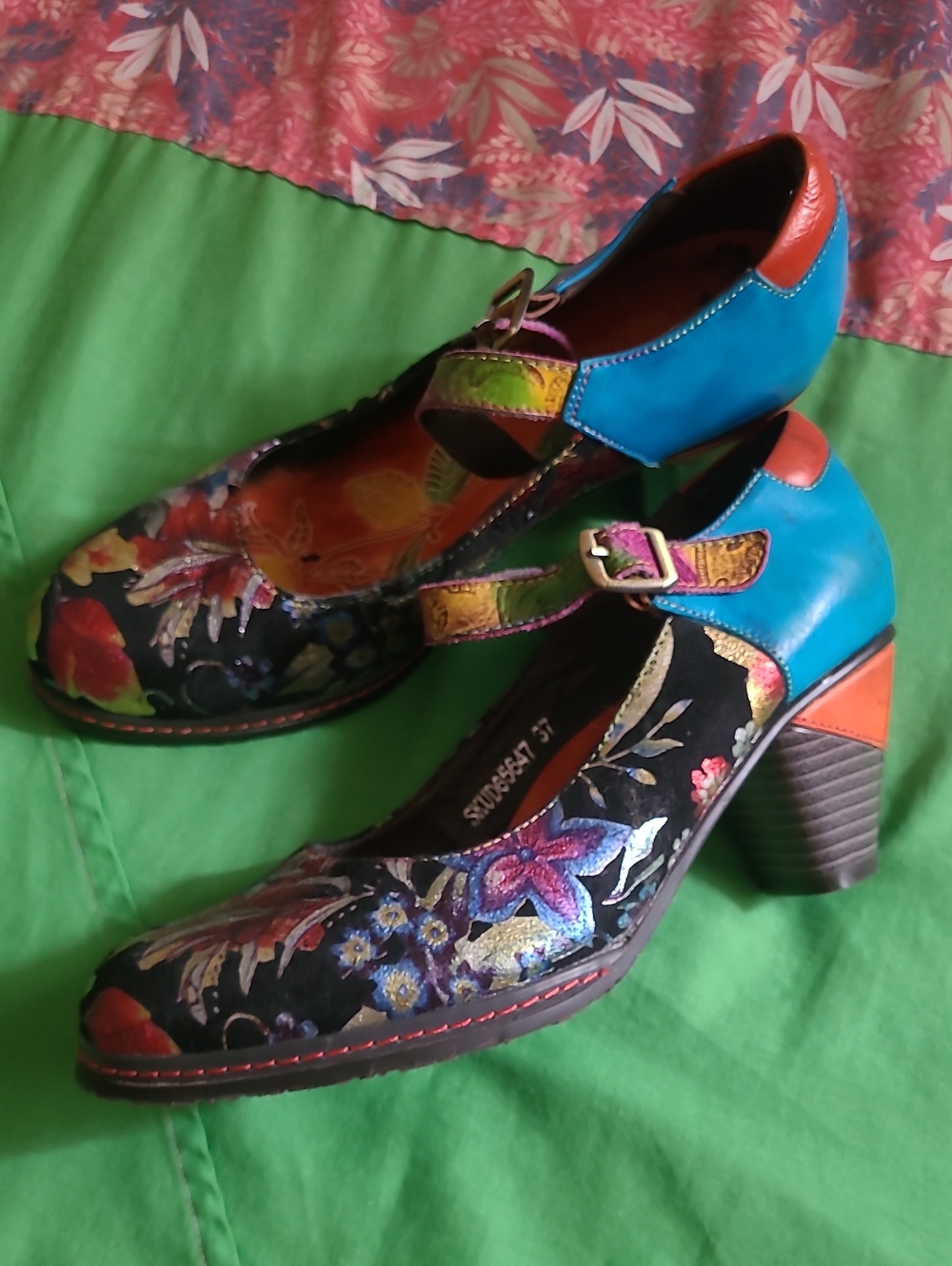Colorful Floral Mary Jane Heels - Blue & Multicolor